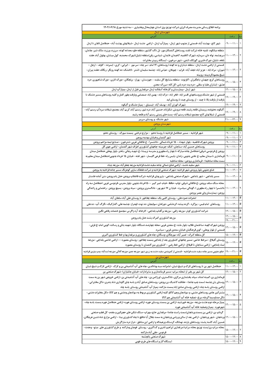 برنامه قطعی برق چهارمحال و بختیاری سه شنبه ۱۸ شهریور + جدول