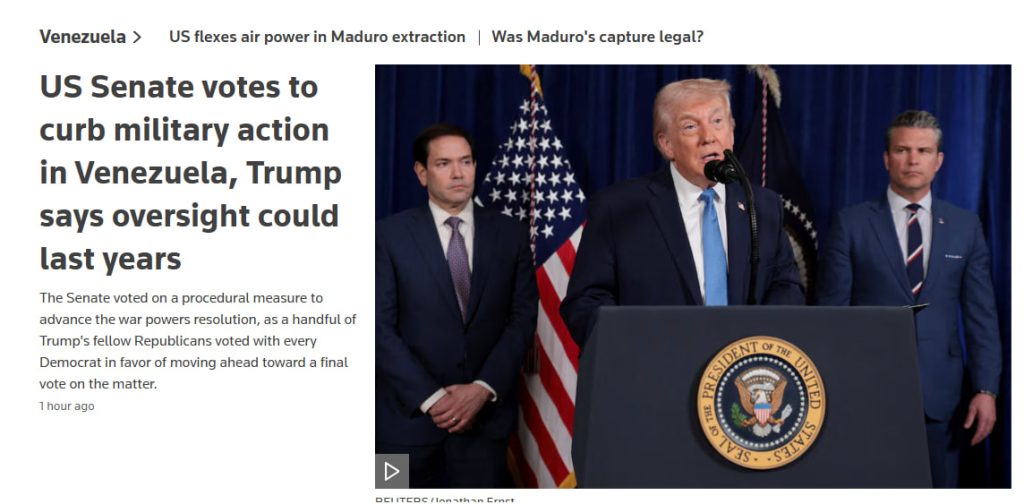 US Senate Curbs Venezuela Military Action as Trump Foresees Prolonged Oversight