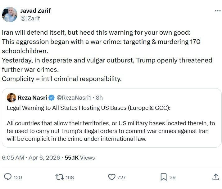 Zarif's Warning: Don't Partner in War Crimes